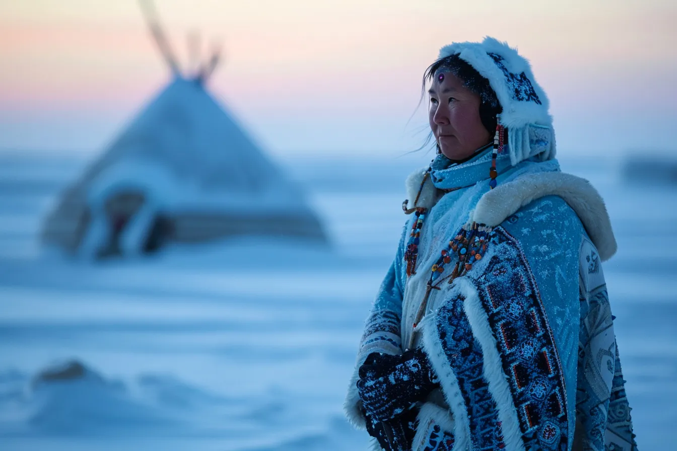 Residents in winter clothing gather outdoors in a snow-covered Arctic settlement.