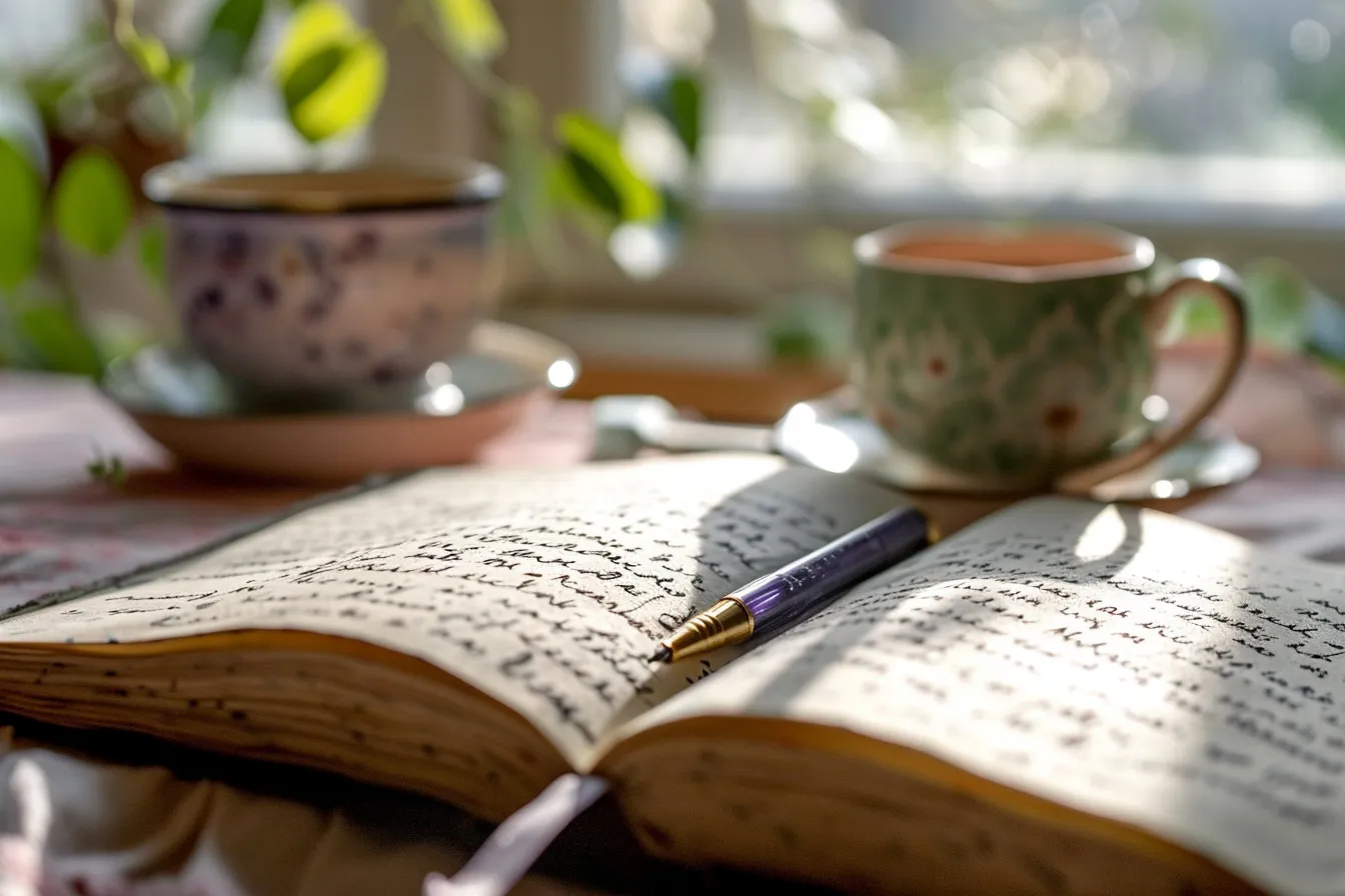 Open handwritten journal with small photographs, a ticket stub, and a pen on a sunlit table