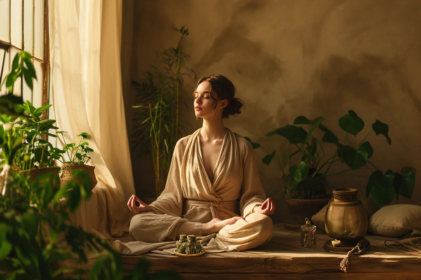 A quiet bedroom corner with a floor cushion, folded blanket, small lamp, and potted plant beside a window