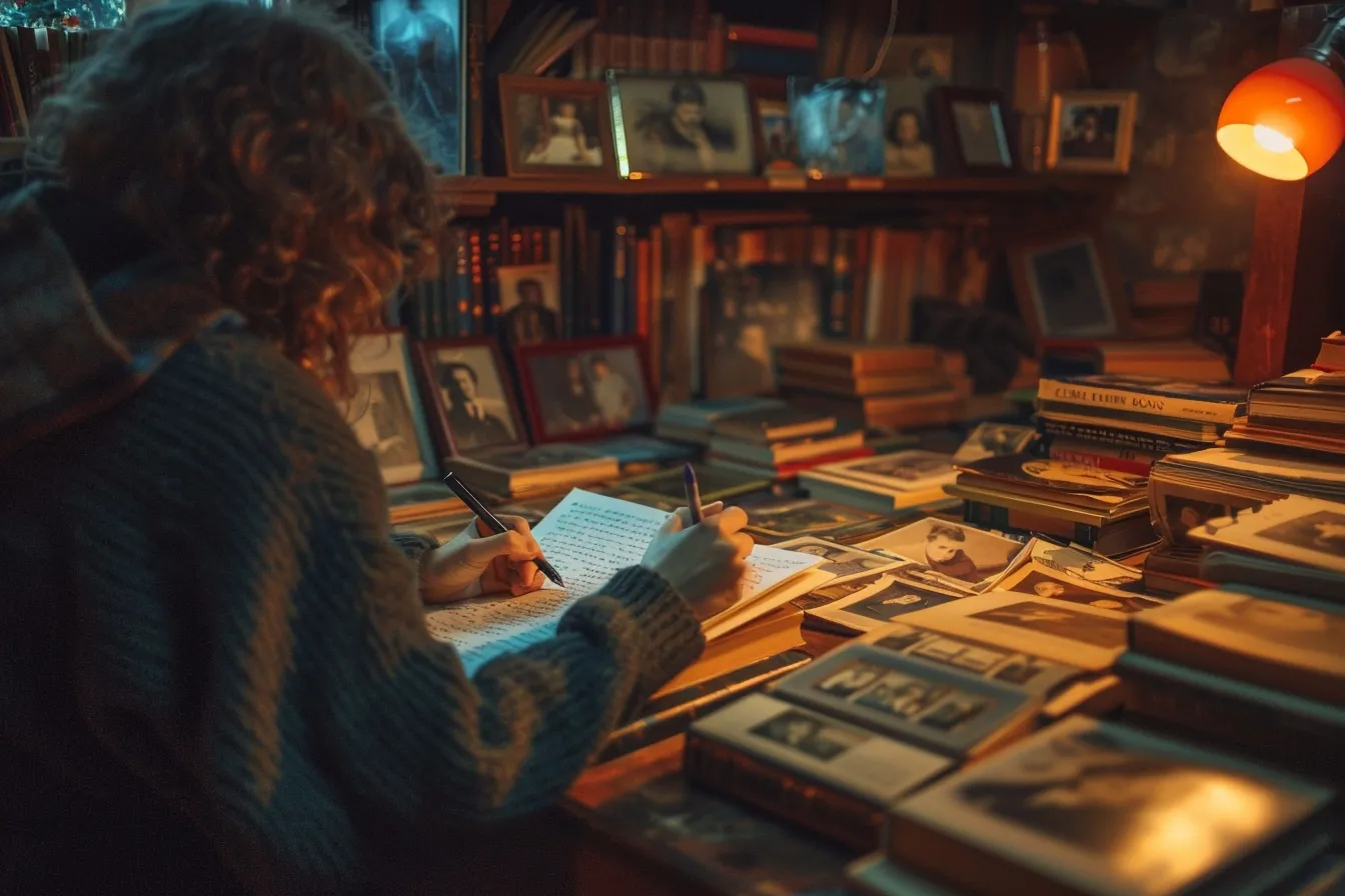 Open notebook, family photographs, handwritten letters, and a fountain pen arranged on a wooden desk