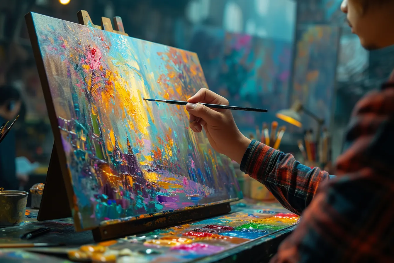Artist using a stylus on a pen display beside a monitor showing a layered digital landscape painting.