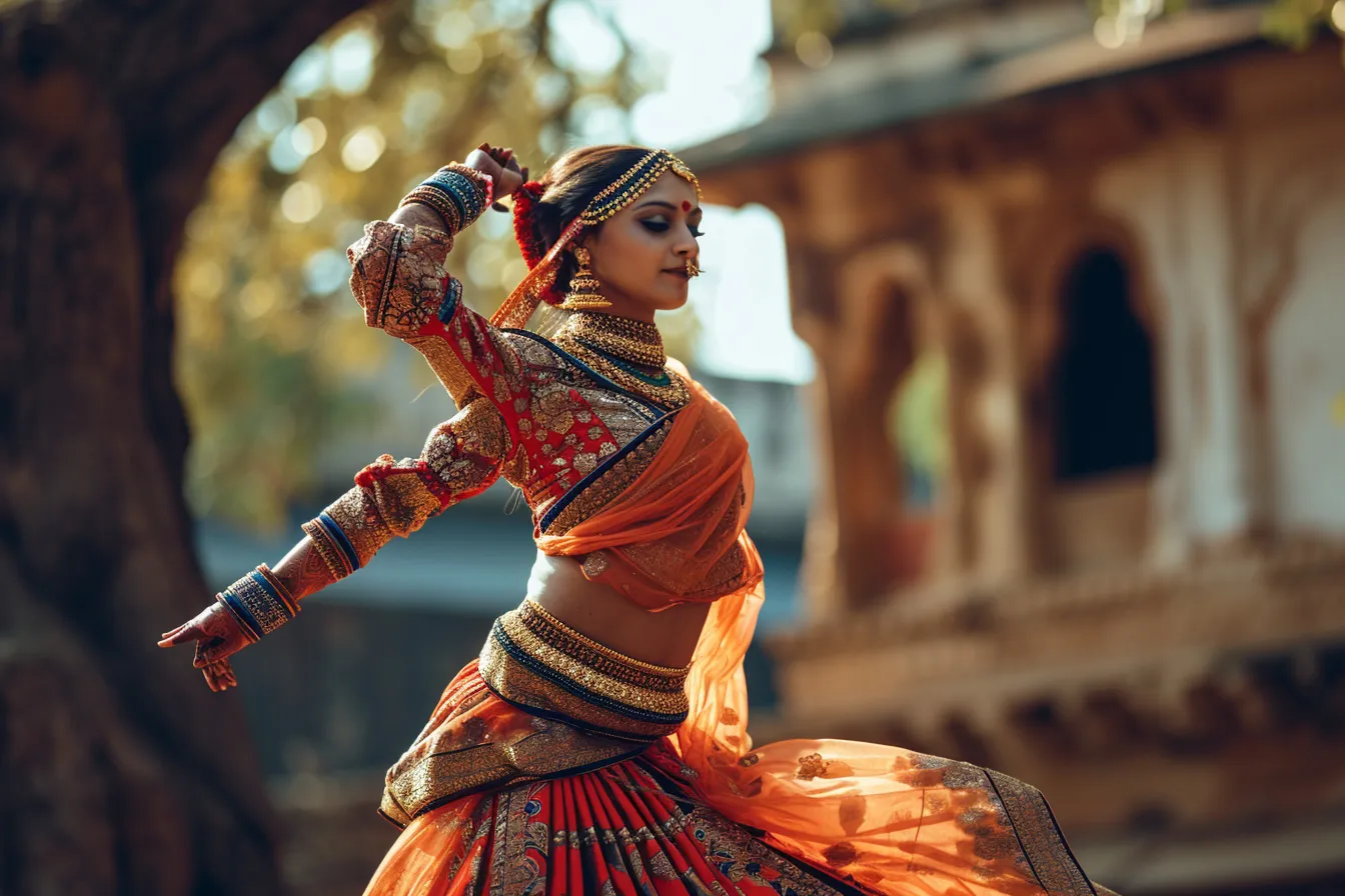 Dancers in traditional Indian performance costumes pose and move under warm theater stage lights.