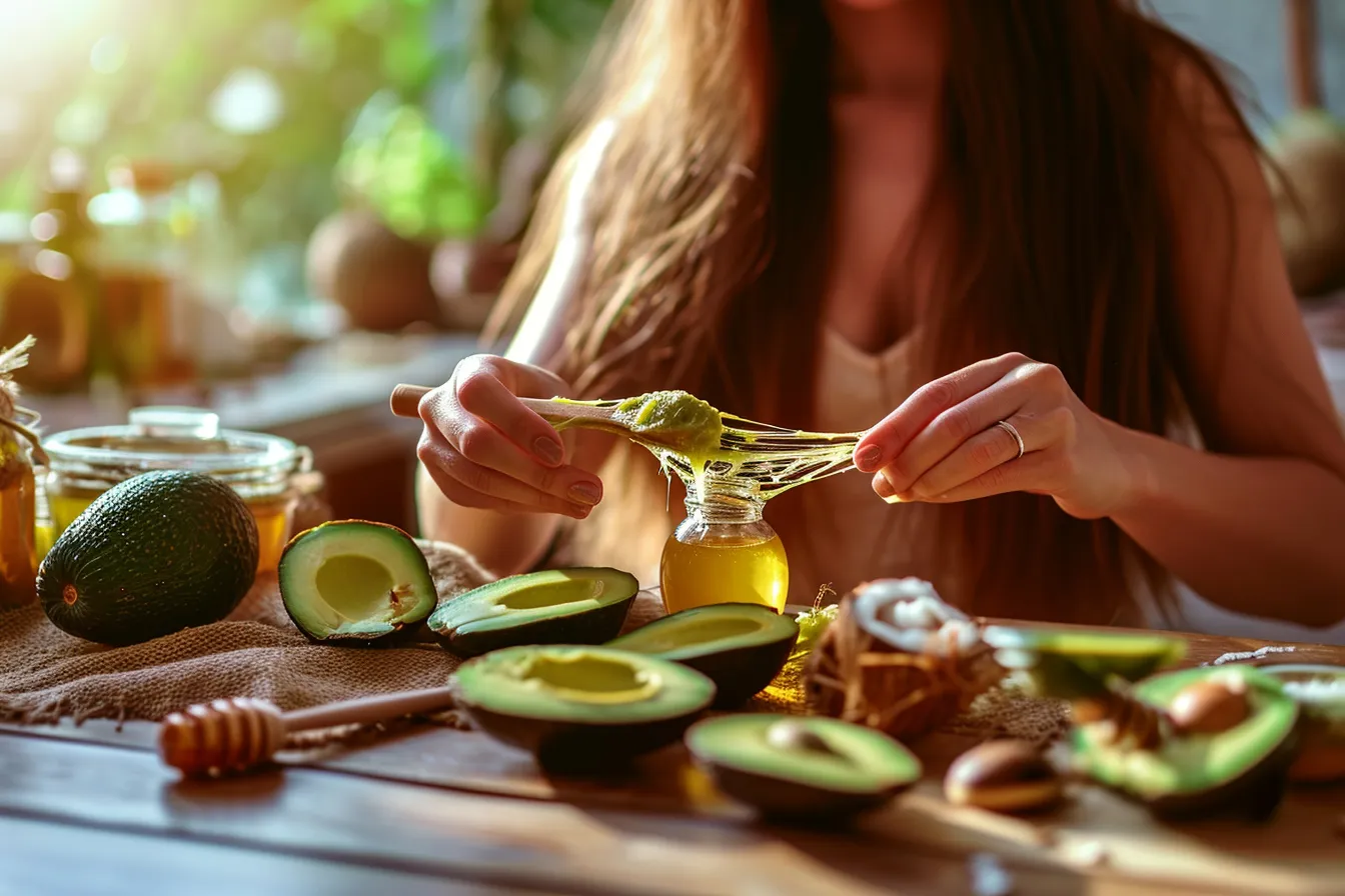 Hands stirring flaxseed gel in a glass bowl beside a towel, hairbrush, and small bottle of oil on a bathroom counter