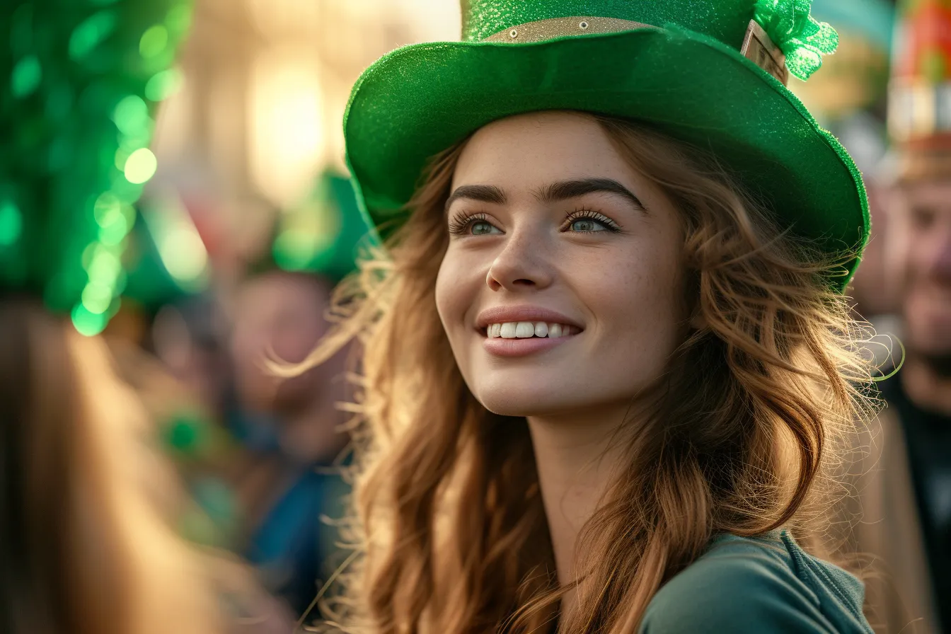 Crowds dressed in green watch a St. Patrick’s Day parade pass along a city street