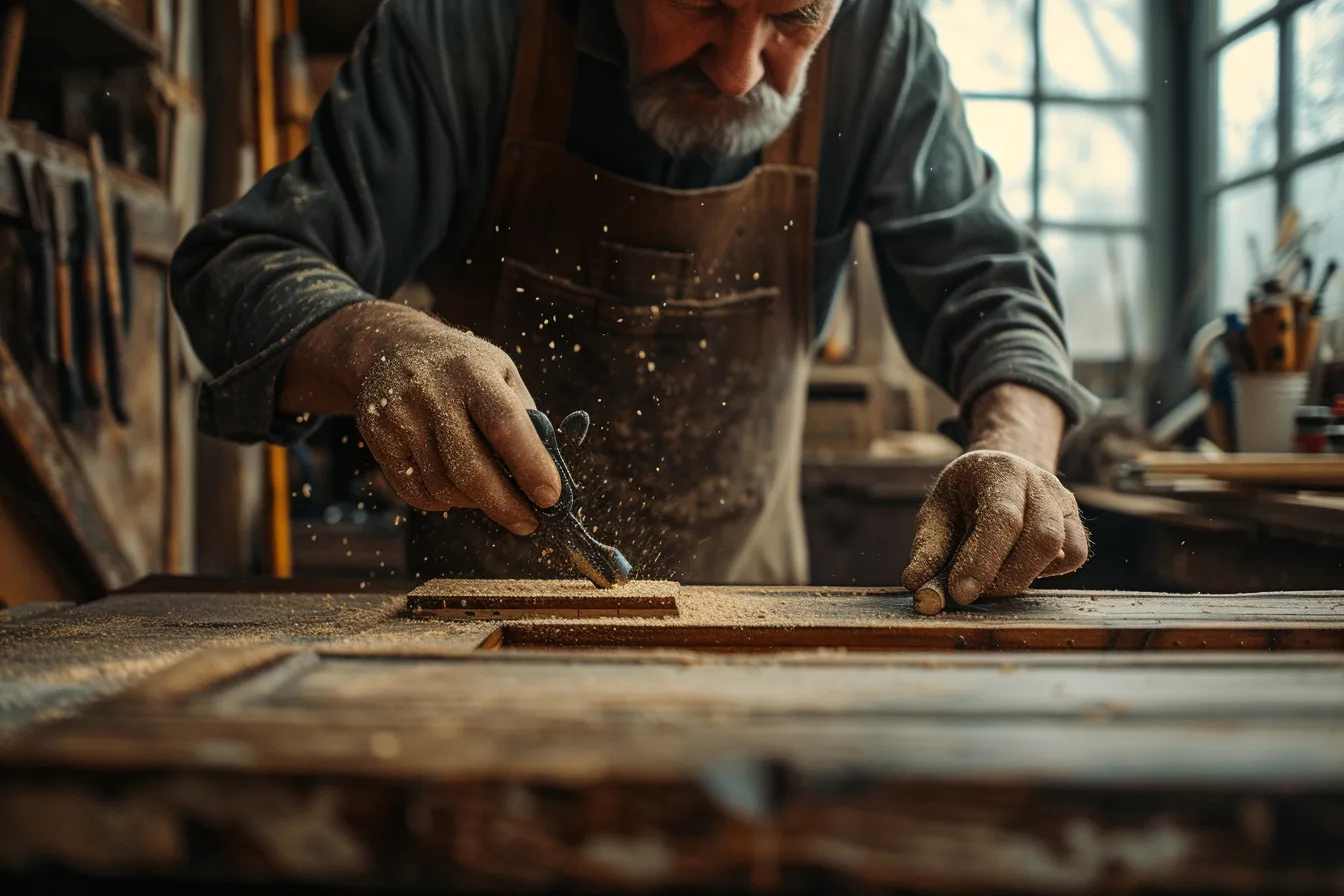 Craftsperson inspecting the original wood sash of a historic home's tall window during renovation