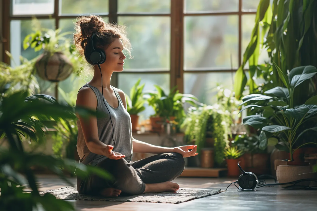 Person wearing over-ear headphones sits quietly with closed eyes beside a sunlit window