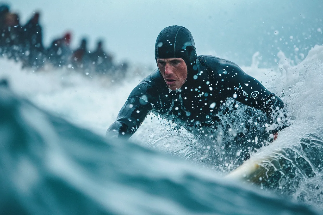 Competition surfer in a hooded black wetsuit paddles through gray waves beneath snow-dusted coastal mountains