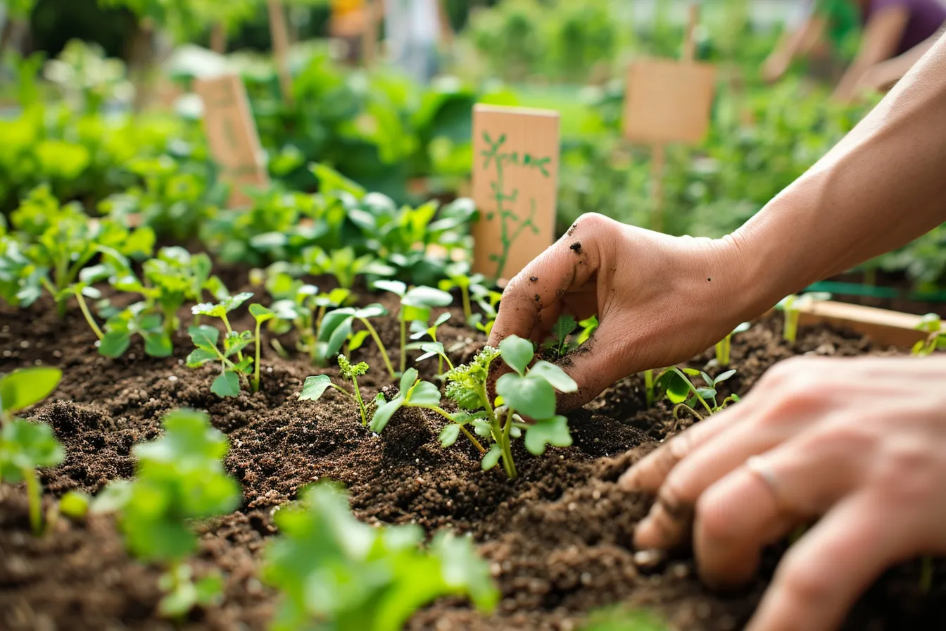 Neighbors planting seedlings in raised wooden beds at a sunny community garden