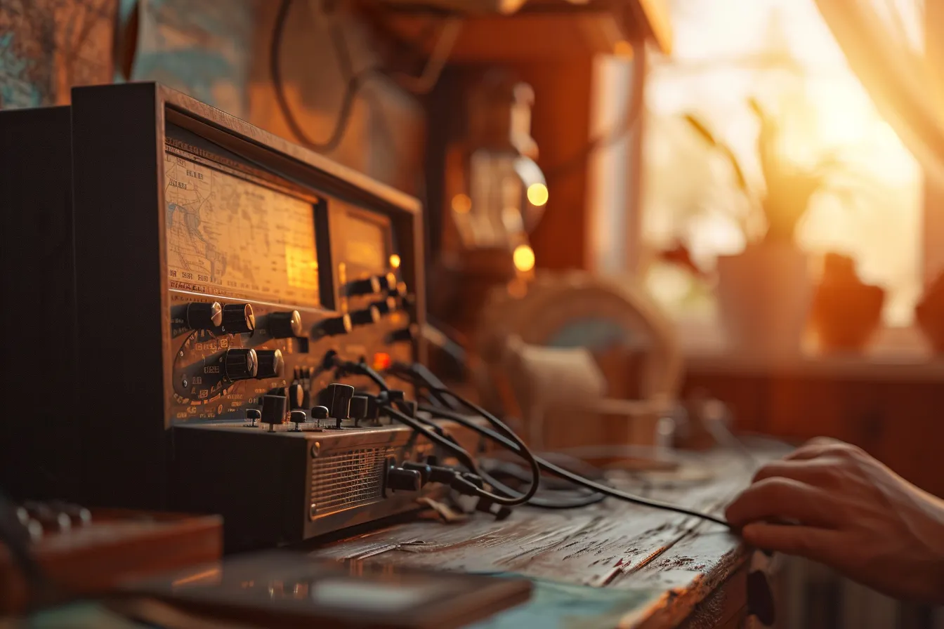 Amateur radio operator wearing headphones and adjusting a tabletop transceiver beside a microphone and antenna map