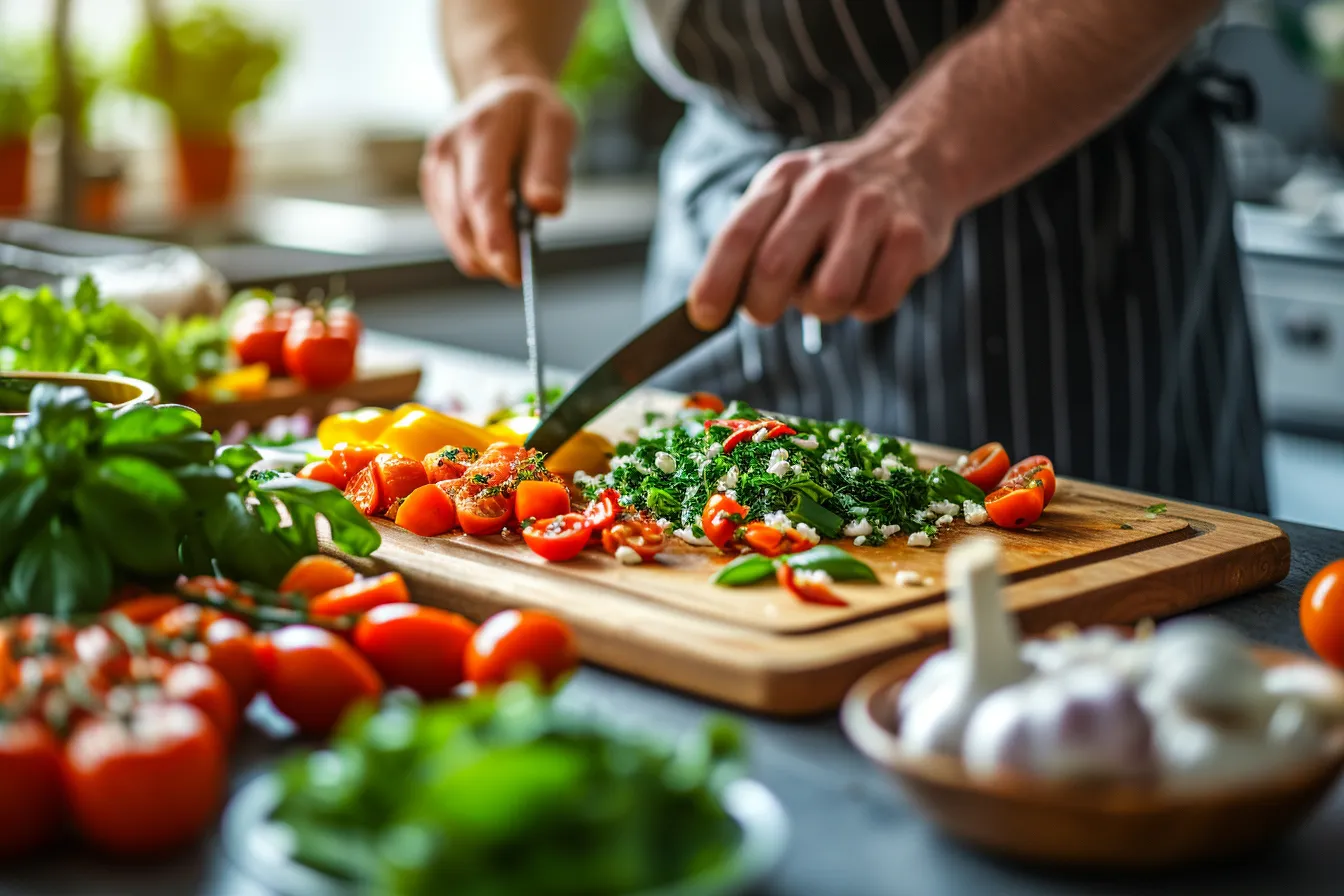 A cook whisking a creamy dairy-free sauce in a skillet beside plant milk, herbs, lemons, and vegetables
