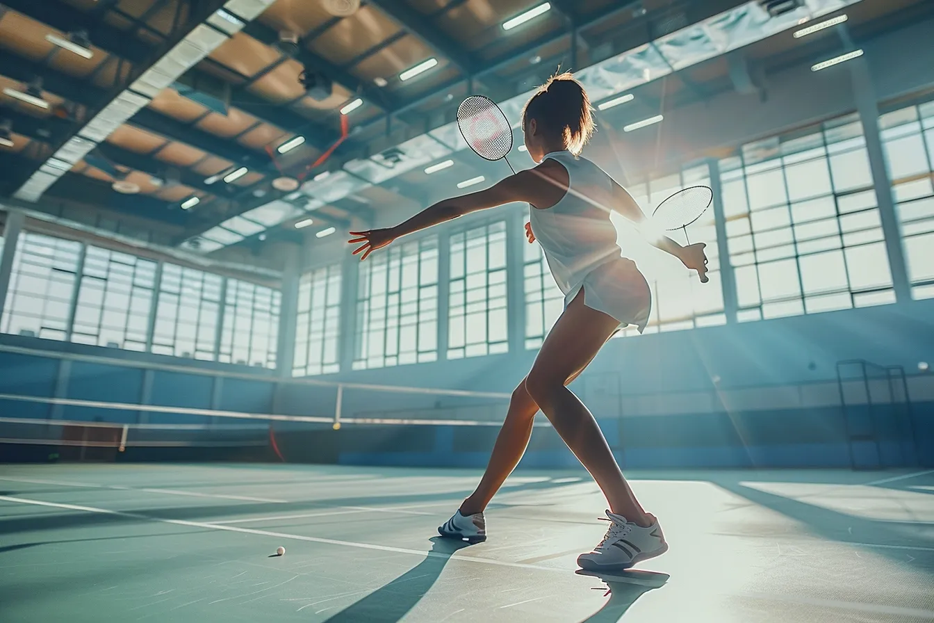 Two beginner badminton players rallying with rackets on an indoor court beside a net