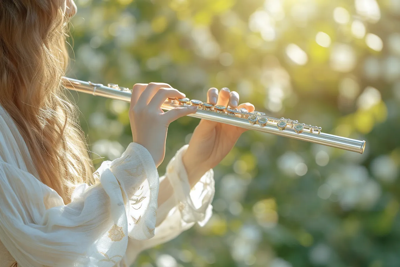 Close view of a beginner holding a silver concert flute above open sheet music