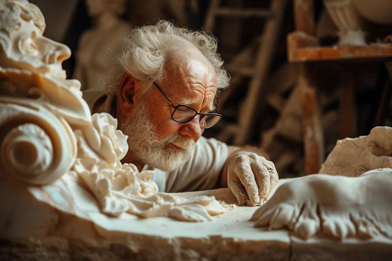 Sculptor wearing safety glasses and respirator rasps a pale alabaster block on a padded workbench