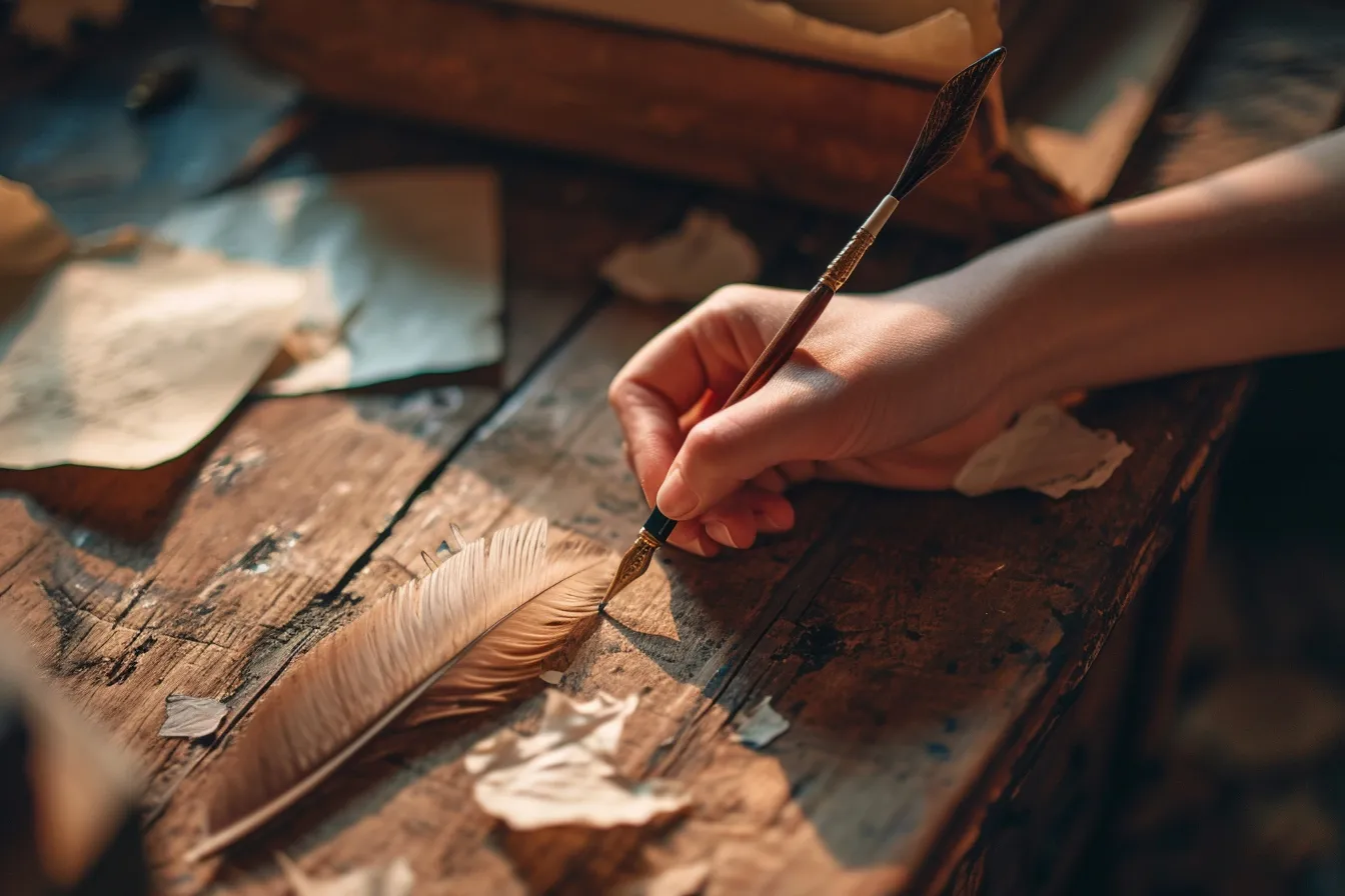 Close view of a hand using a dip pen to write black calligraphy on lined cream paper beside an ink bottle