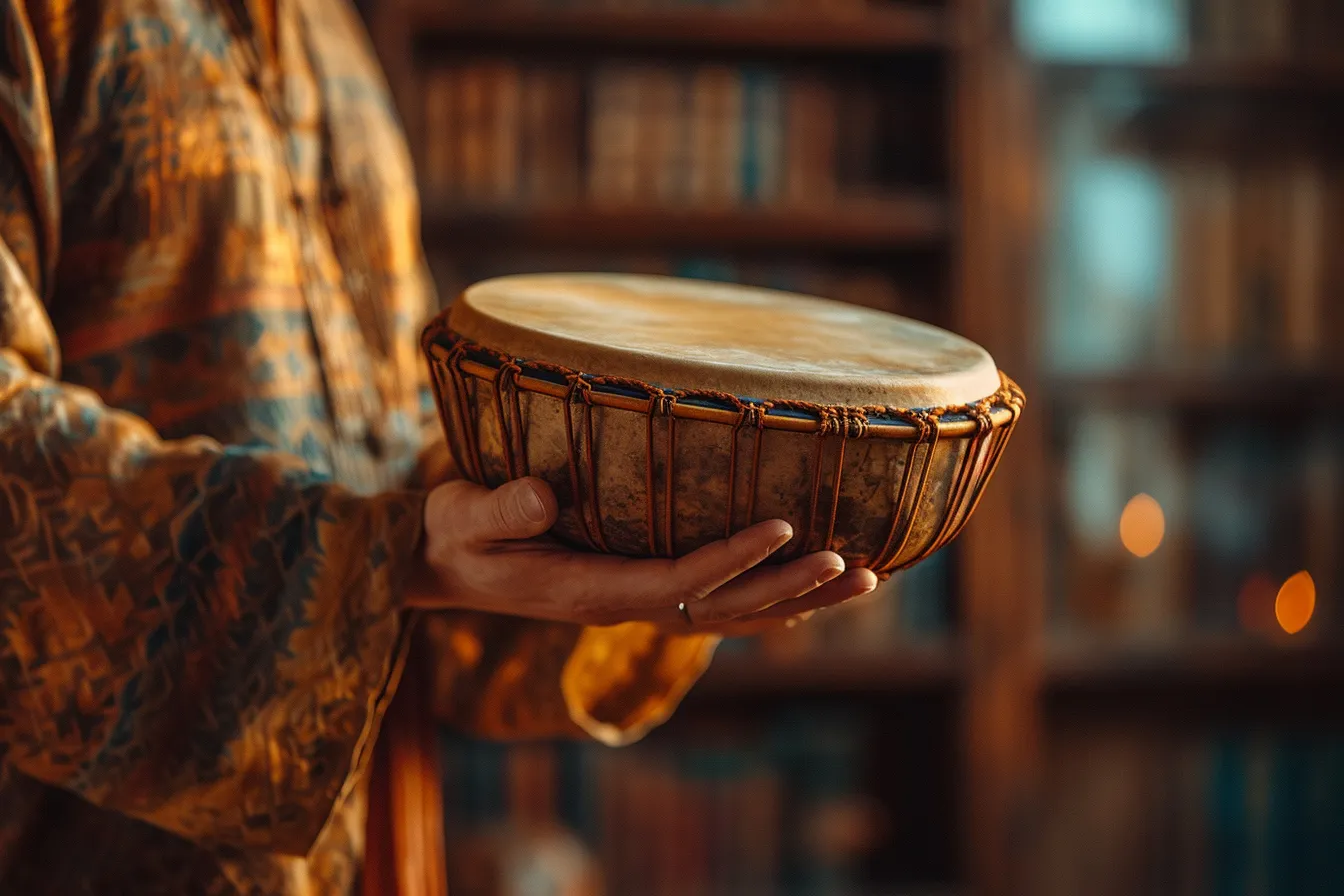 Close view of a musician plucking a wooden tanpura beside a seated classical singer