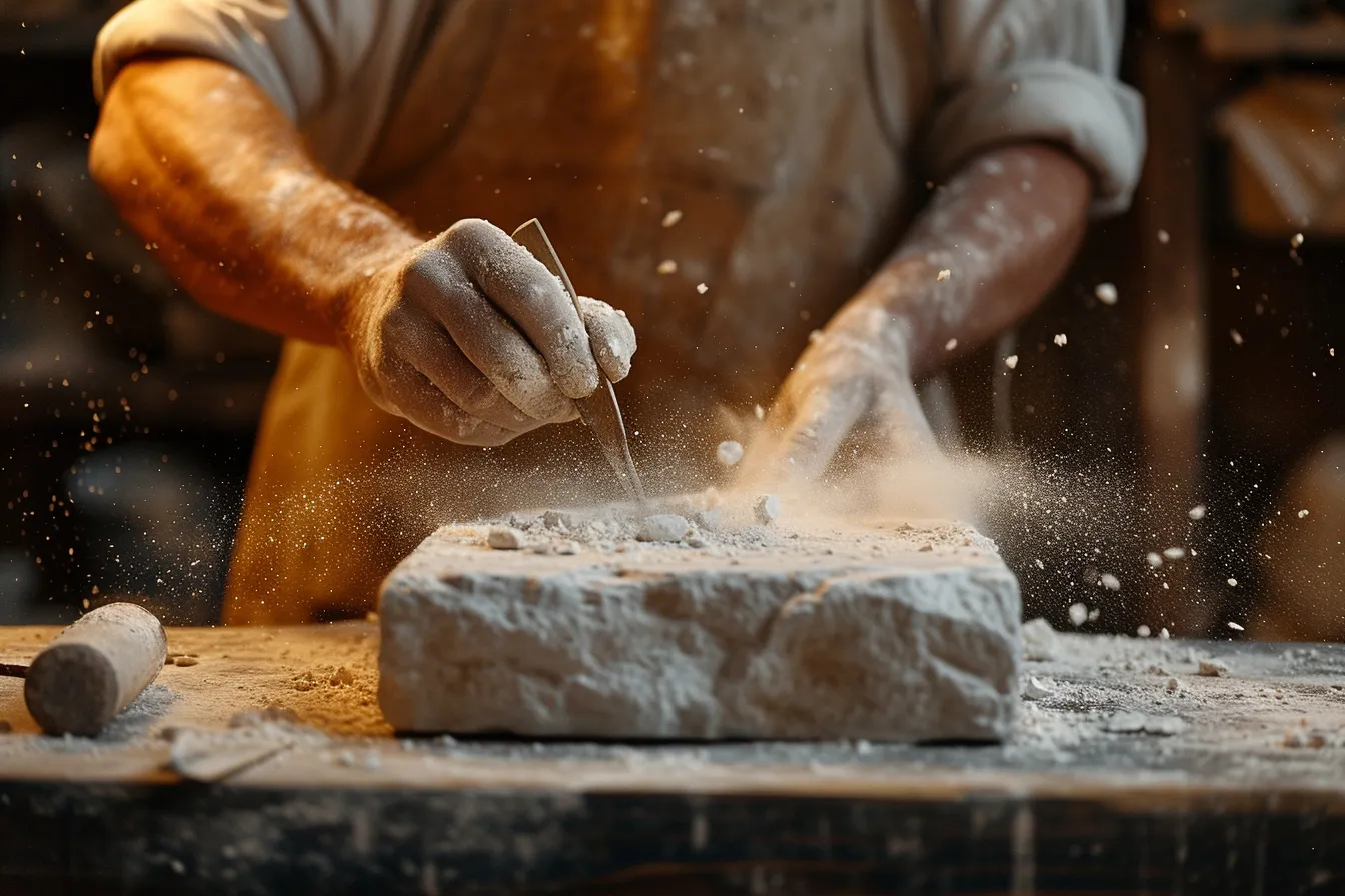 A beginner in safety glasses uses a hammer and chisel on a small limestone block at an outdoor workbench.