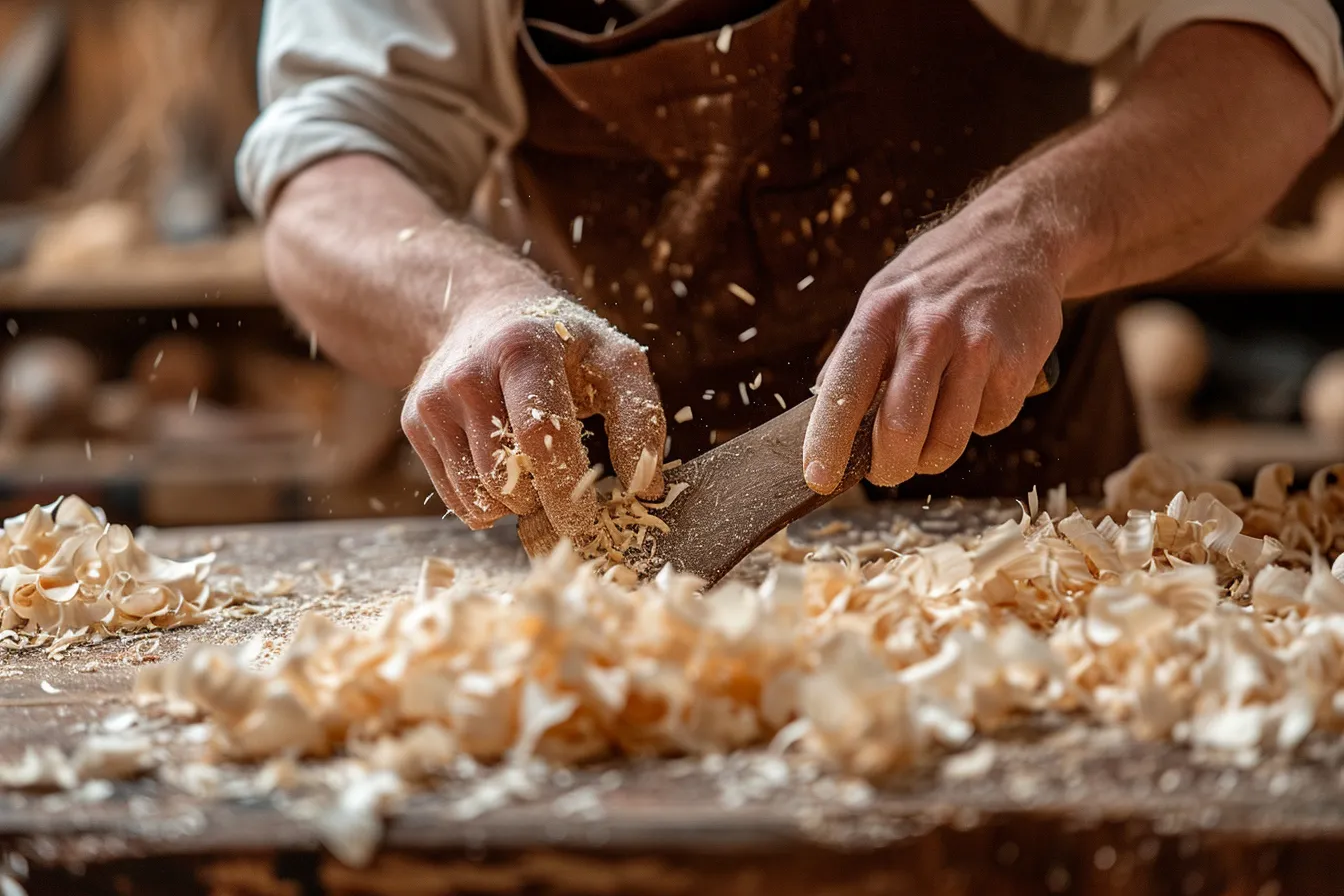 Woodcarver in safety glasses shaping a pale beech wood relief with a gouge at a workbench