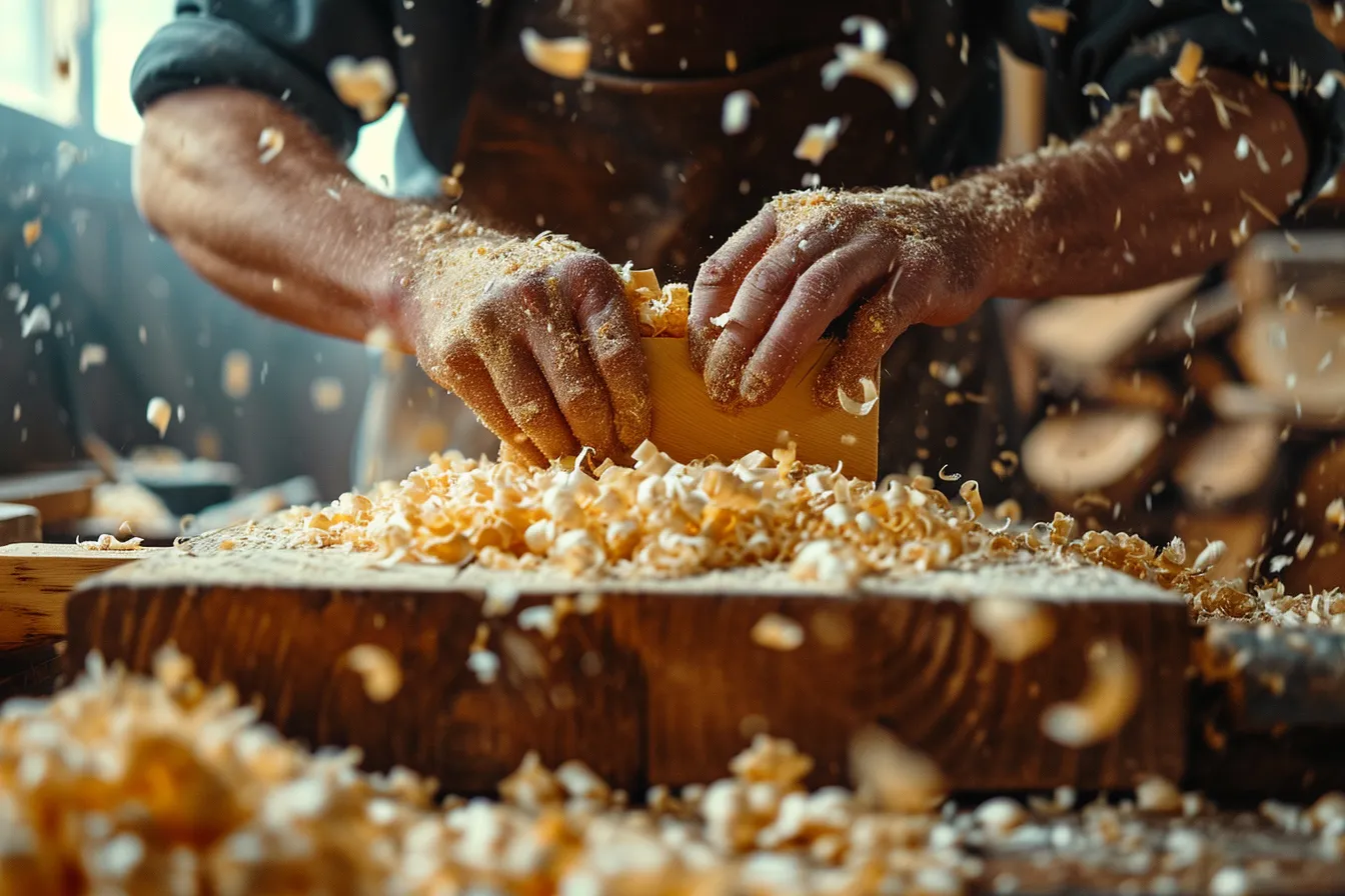 Close-up of a carver using a gouge on a small cedar leaf relief clamped to a workbench