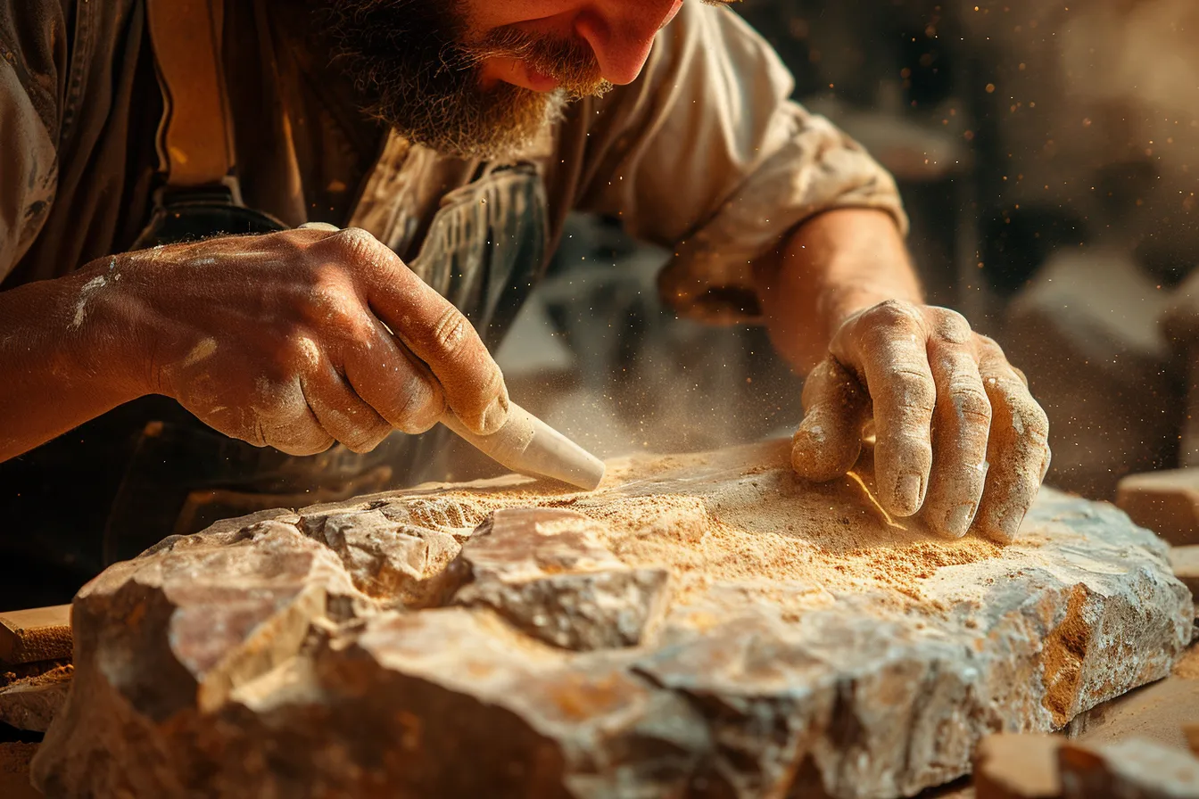 A stone carver in safety goggles uses a mallet and chisel on a small sandstone block outdoors.