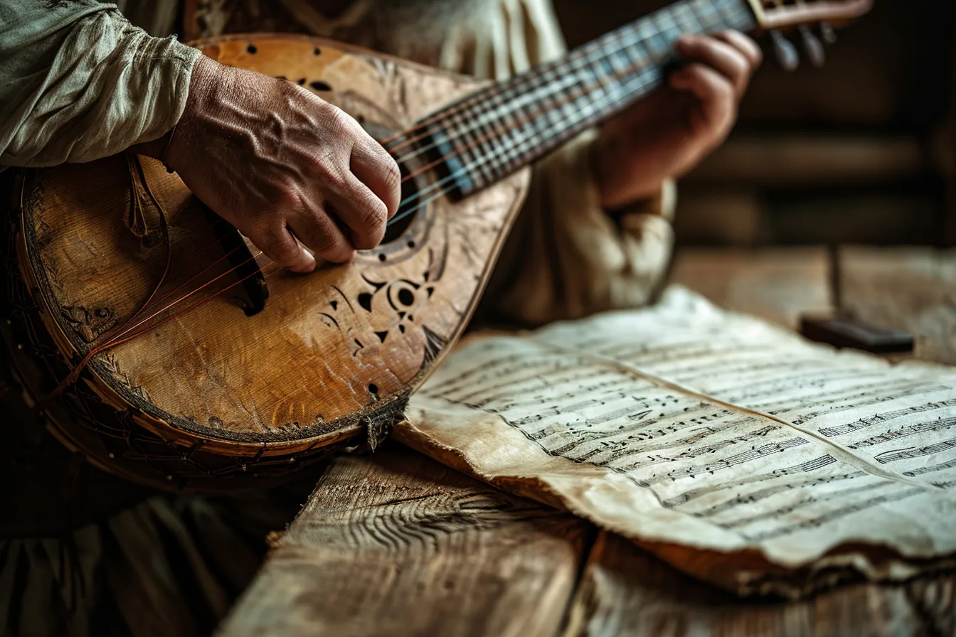 Musician testing a wooden hurdy-gurdy, turning its crank while pressing keys at a worktable