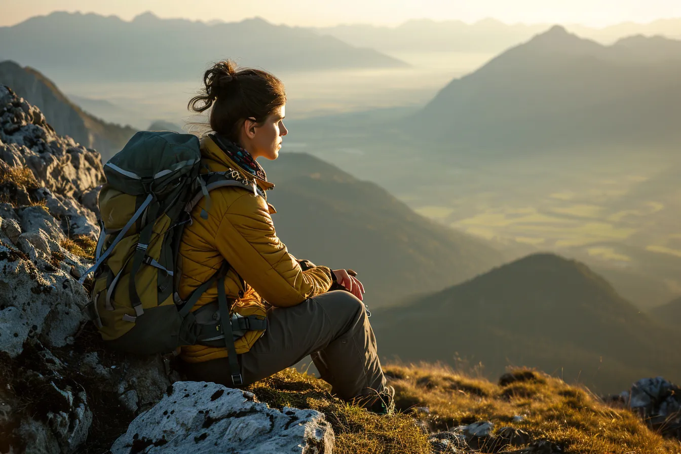 Hiker in layered outdoor clothing walking up a rocky mountain trail beneath snow-capped peaks