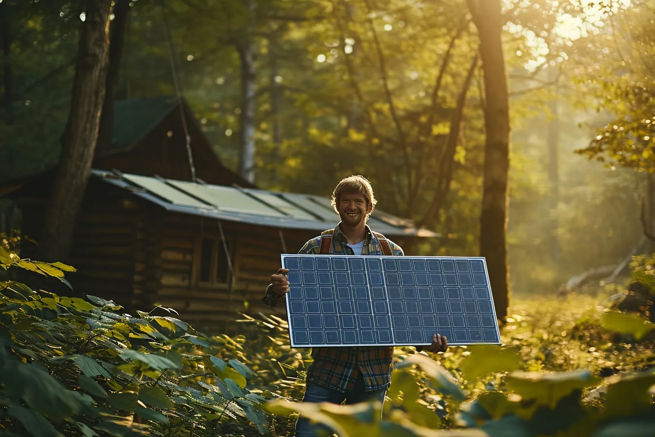 Solar panels beside a compact cabin in a wooded clearing, with stacked firewood in the foreground