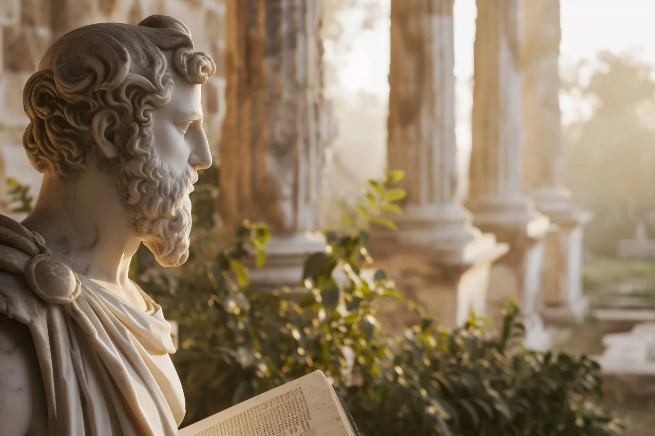 A marble bust of a Greek philosopher beside a notebook and laptop on a wooden desk