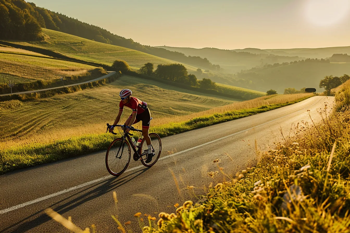 Two loaded touring bicycles beside a riverside cycle path near a European village at sunrise