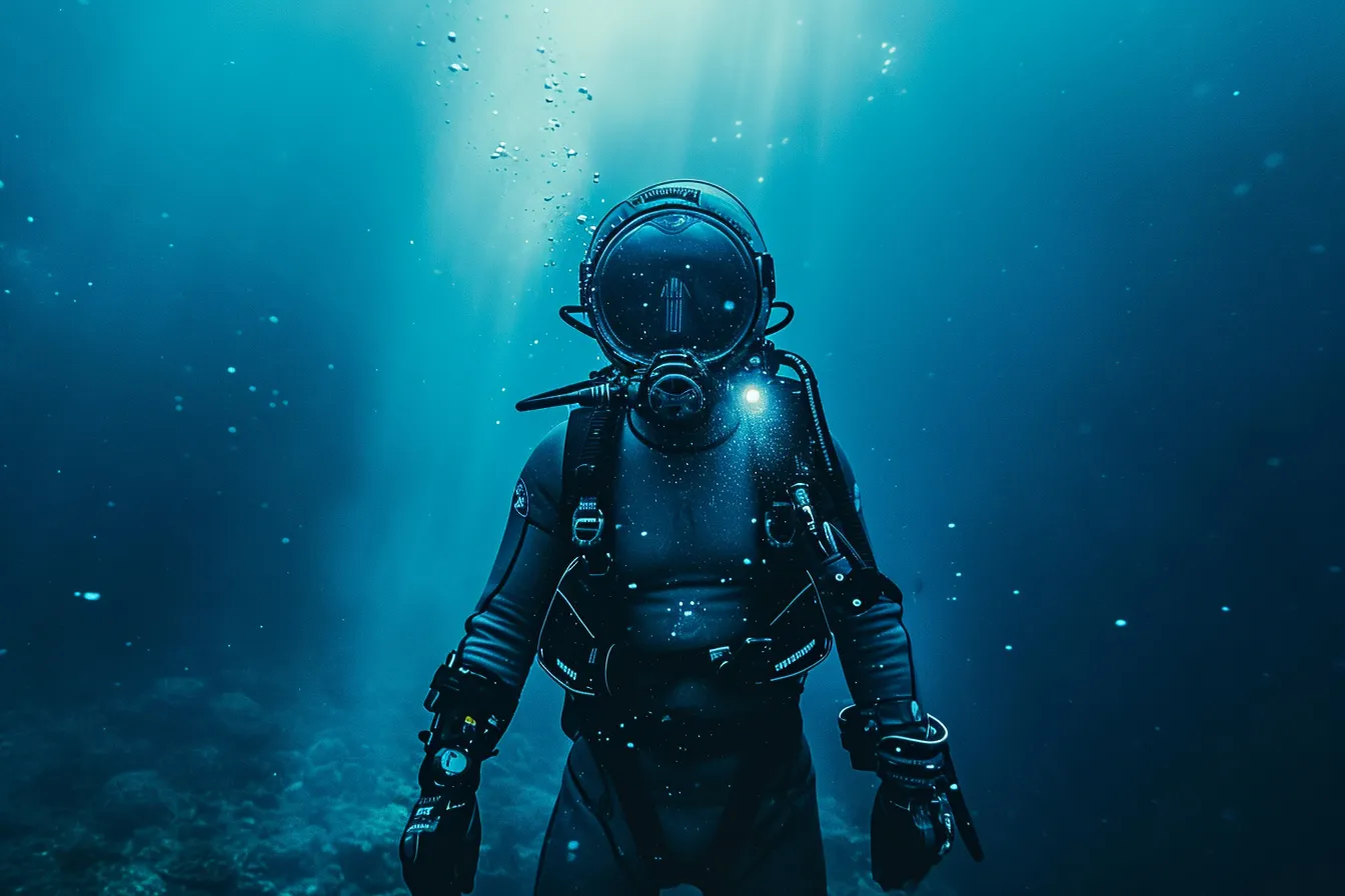 A tethered remotely operated vehicle is lowered from a research vessel into dark ocean water