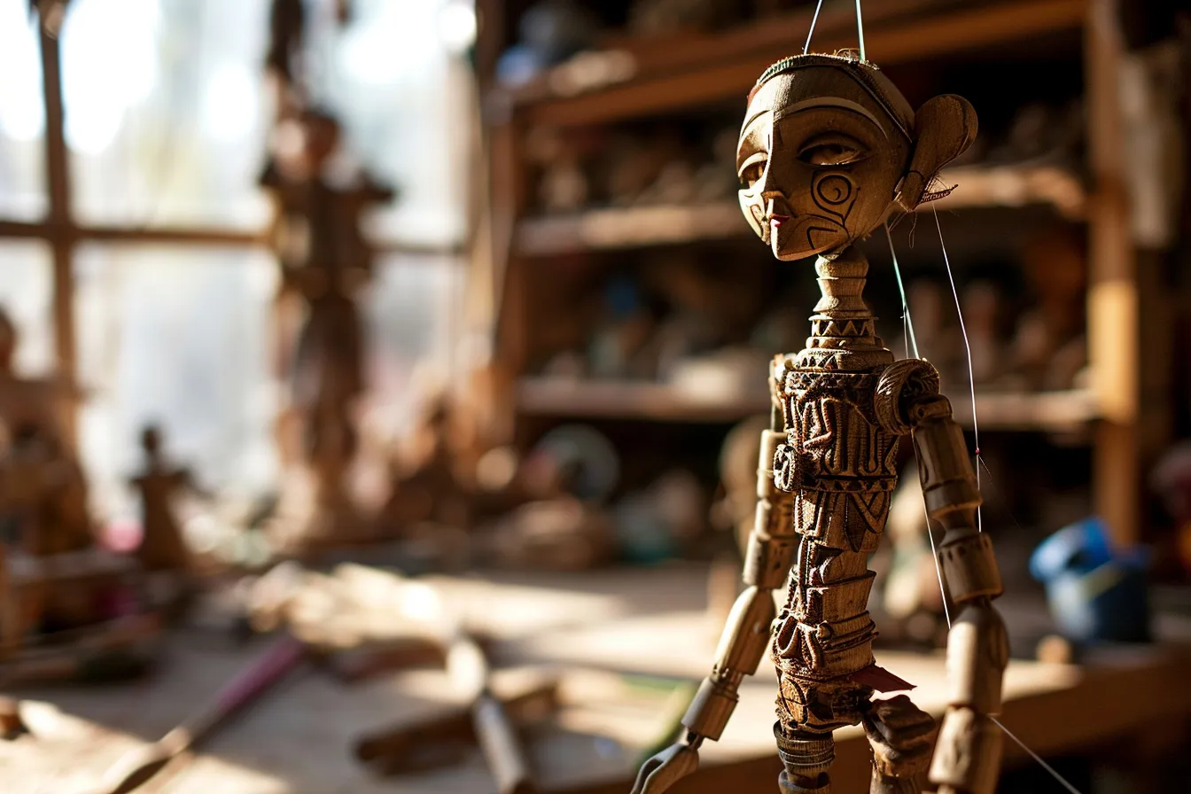 Puppeteer operating a wooden marionette by its strings above a small theatre stage