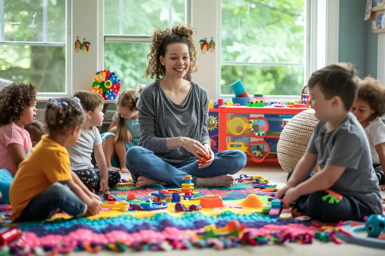 A childminder kneels beside two young children building wooden blocks at a low table in a bright home playroom.