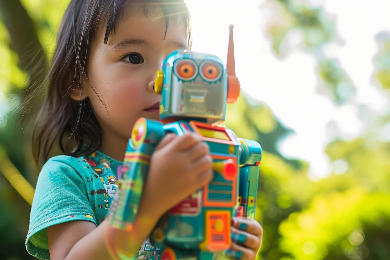 Child assembling a small wheeled robot on a table with colored coding blocks and an adult nearby