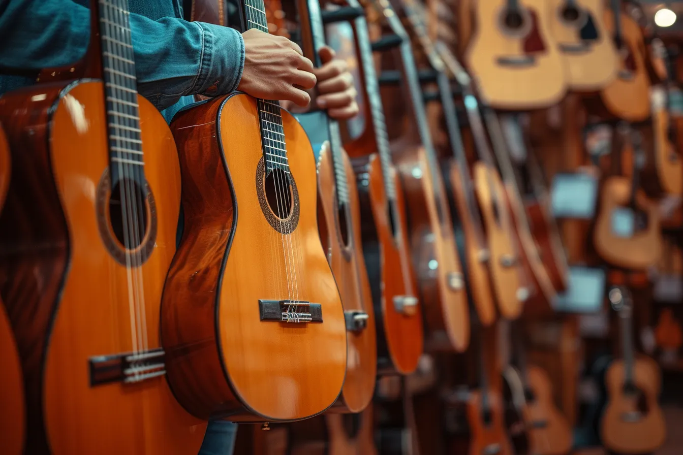 A beginner seated in a music shop comparing two nylon-string classical guitars