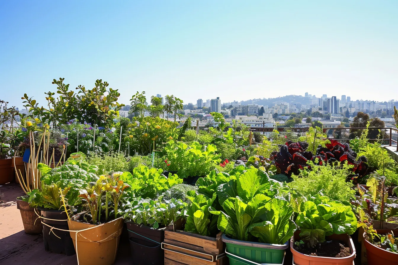 Raised planters with herbs and vegetables on a city apartment rooftop, with skyline buildings behind