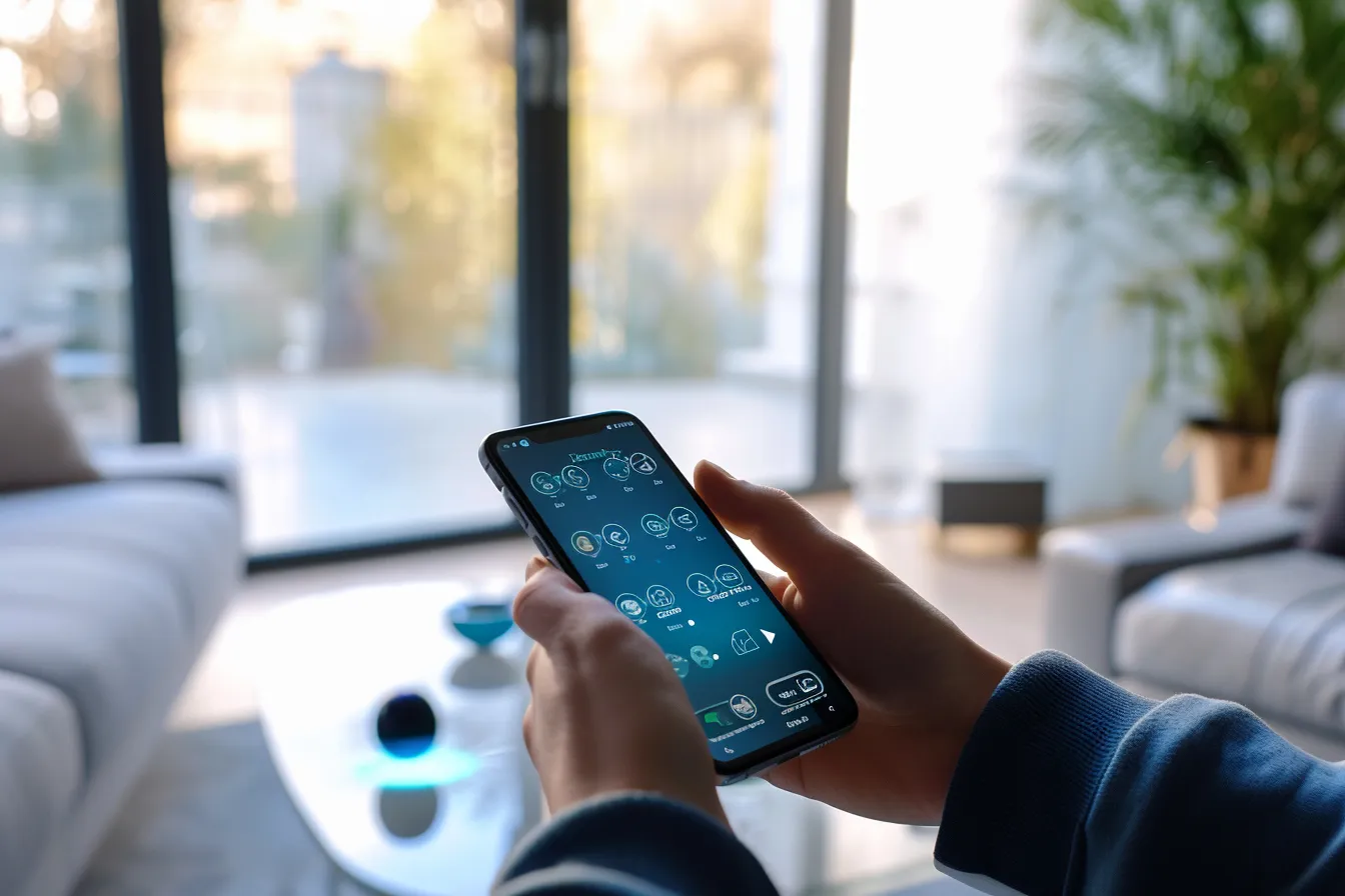 Person using a smartphone beside a wall-mounted smart thermostat in a bright modern home hallway