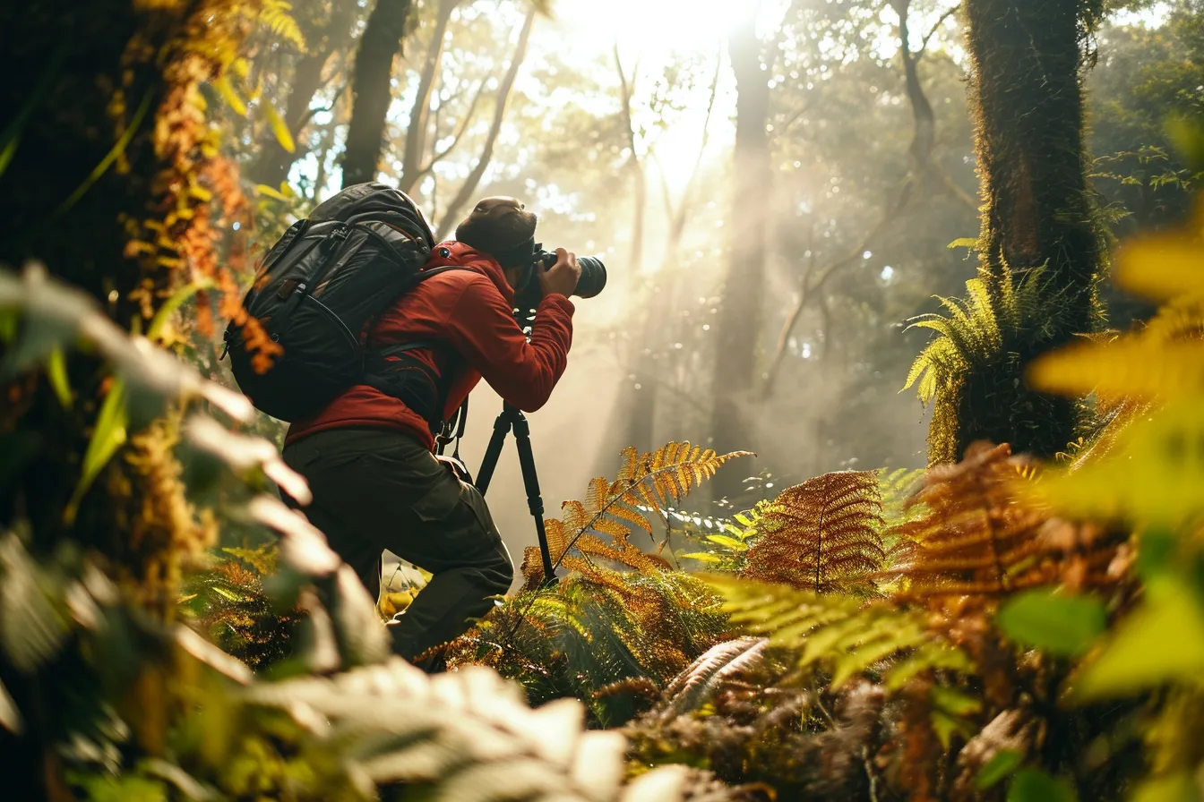 Wildlife photographer in rain gear using a telephoto lens from the edge of a marsh trail