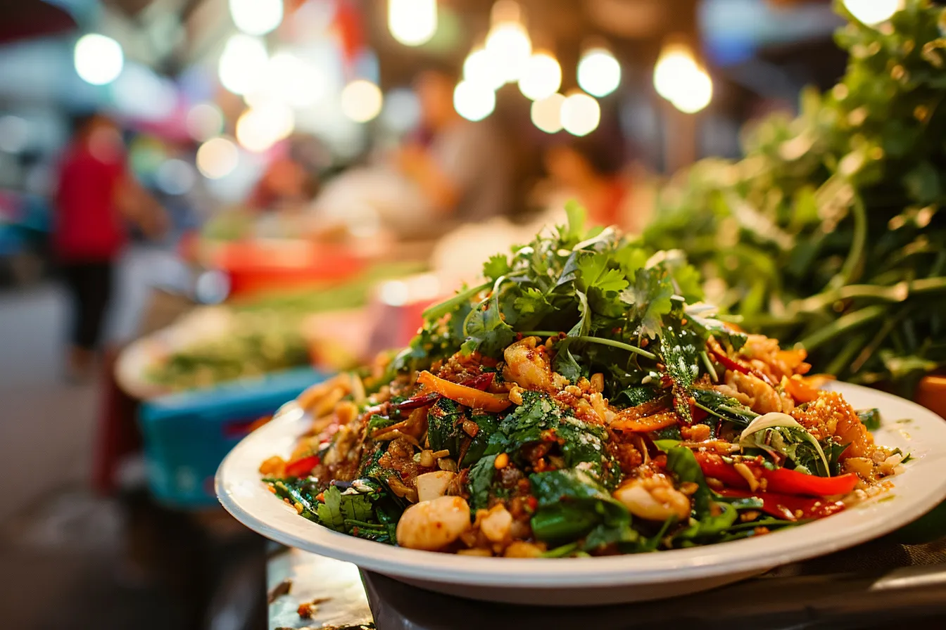 Colorful Southeast Asian dishes arranged on a table with fresh herbs, rice, noodles, and dipping sauces.