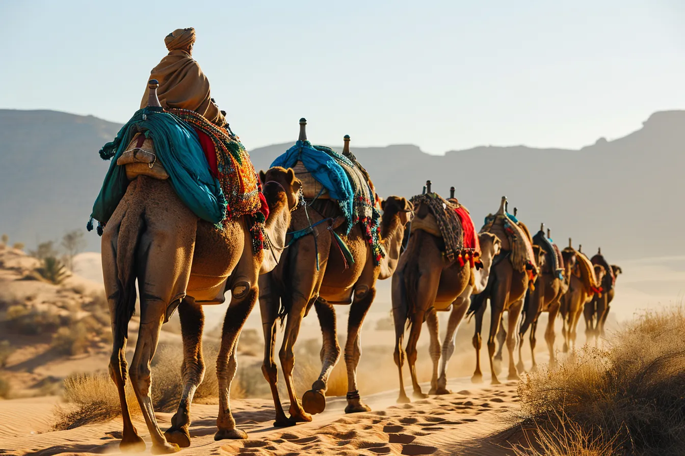 Camel caravan moving beside weathered stone ruins on a desert route near a Central Asian oasis