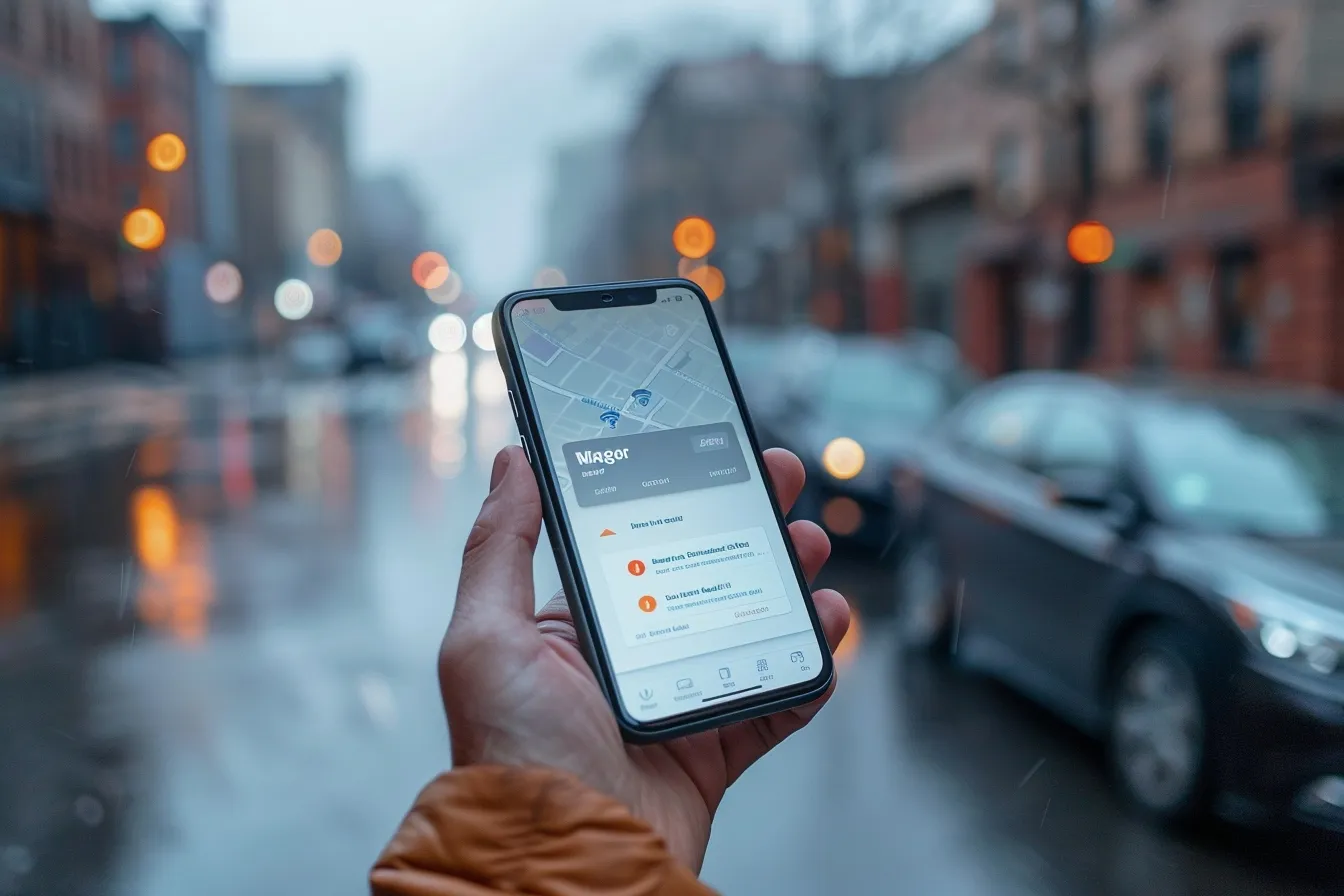 Driver’s smartphone on a car dashboard shows a Waze map with an uncertain route while parked safely.