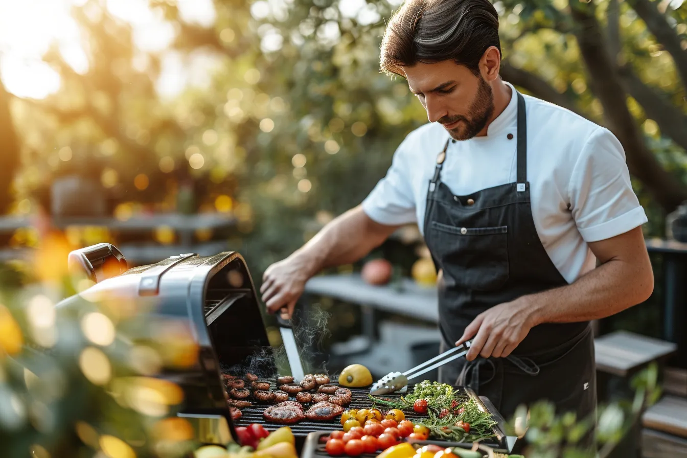 Cook turning browned food on a charcoal grill with glowing coals in an outdoor backyard setting