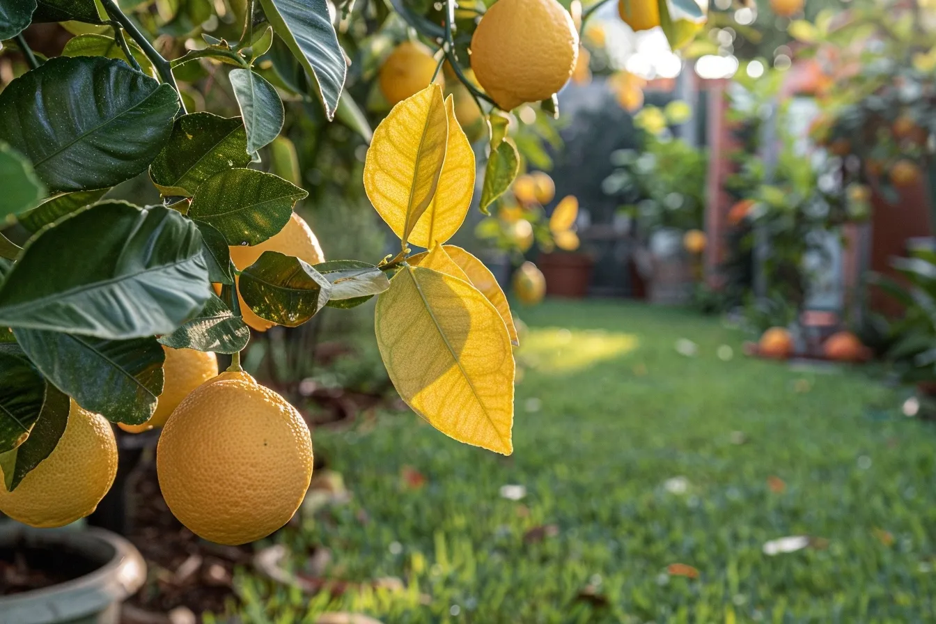 Close-up of a potted lemon tree with yellowing leaves among healthy green foliage