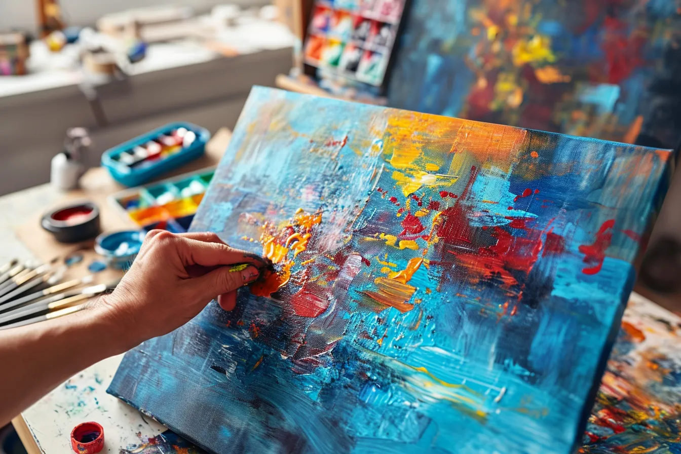 Museum visitor standing before a large colorful abstract painting in a white gallery
