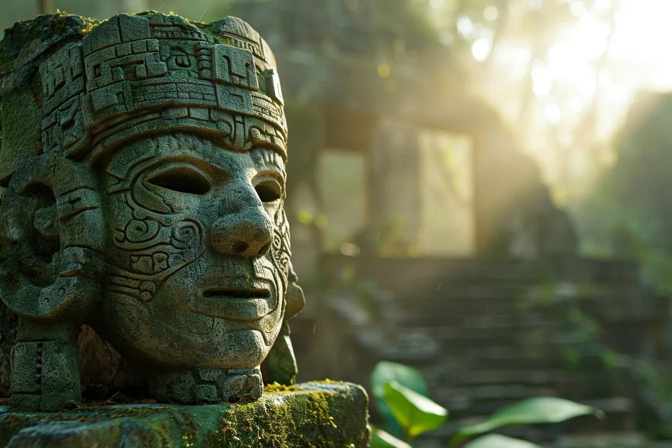 Stone Maya temple ruins rise above a grassy plaza bordered by tropical trees under a bright sky.