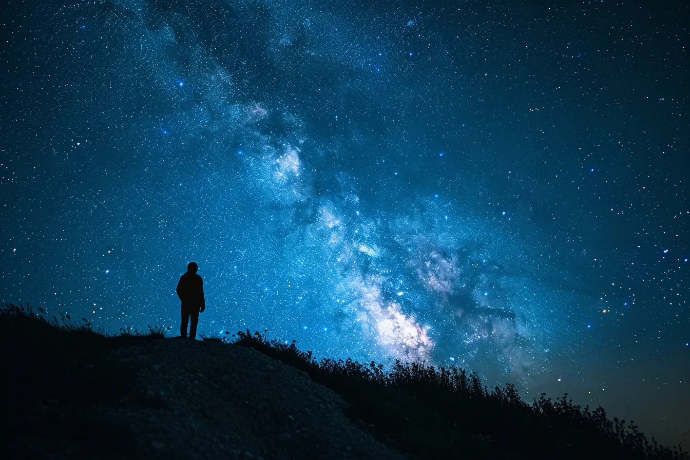 Silhouetted campers beside a small tent under the Milky Way in a remote desert landscape