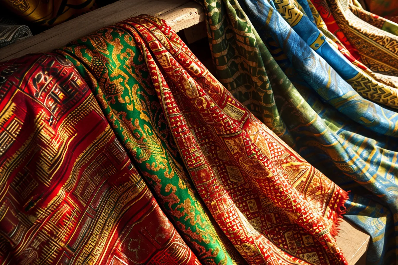 Close view of brightly colored handwoven textile strips and patterned cloths hanging in a market display
