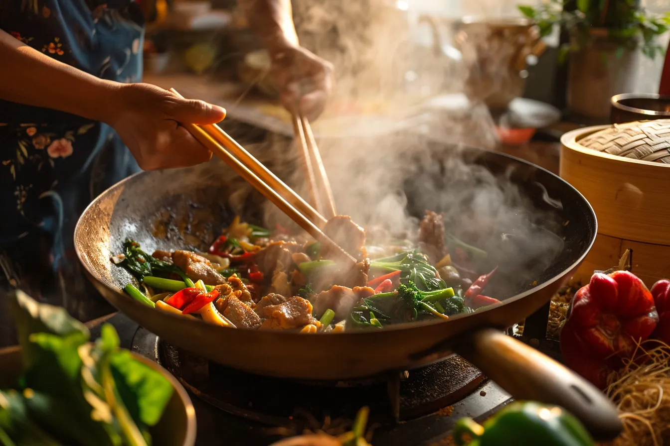 Home cook stir-frying minced pork and basil in a wok beside bowls of rice and Asian pantry ingredients